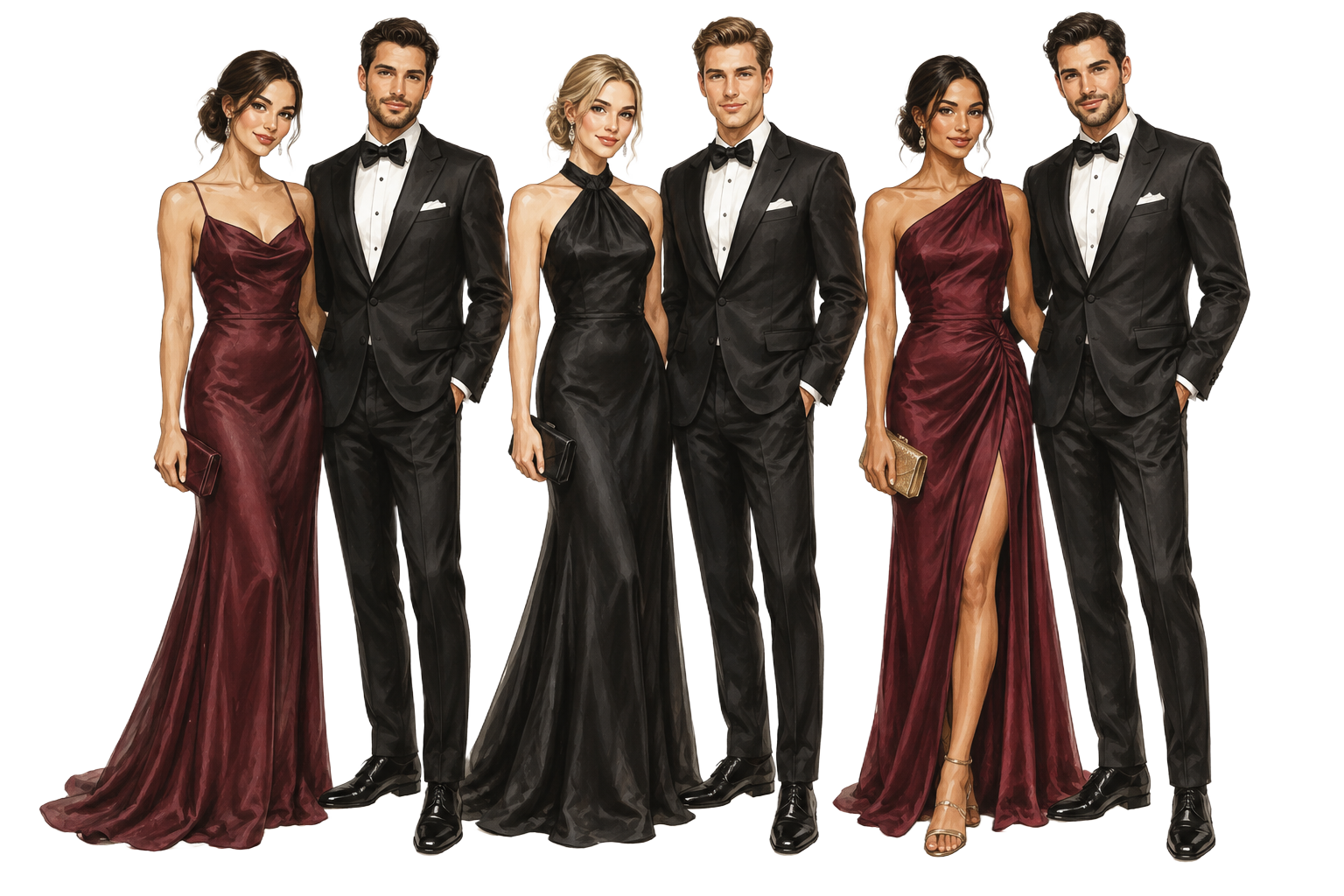 Guests dressed in burgundy and black